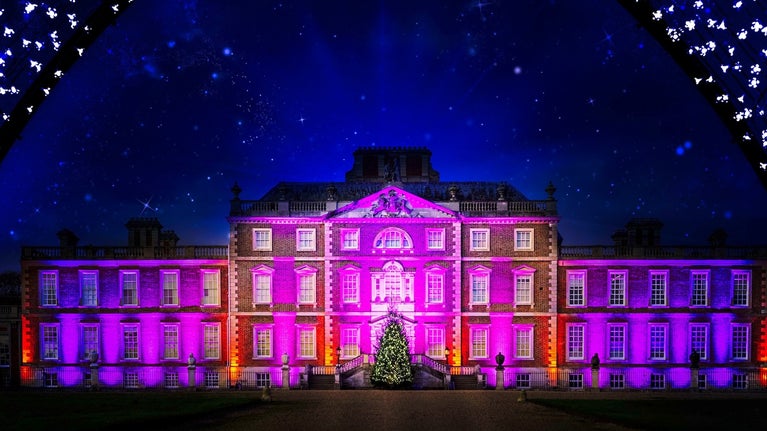 Wimpole Hall illuminated by Christmas lights